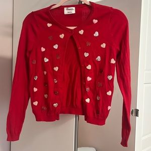 H&M Girl's Button Up Red Sweater with Sequin Hearts